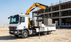 Crane-equipped truck relocating precast barriers on a UAE site