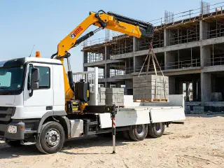 Crane-equipped truck relocating precast barriers on a UAE site