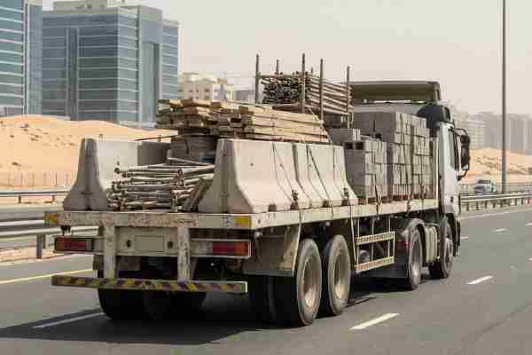 Mixed precast concrete load on a flatbed truck for site delivery