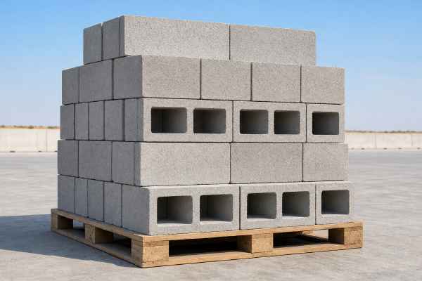 Stacked concrete masonry blocks on pallets at the UAE factory