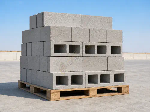 Palletized concrete masonry blocks ready for crane offloading