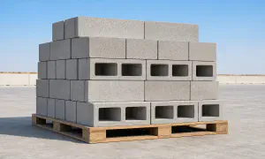 Stacked concrete masonry blocks on pallets at the UAE factory