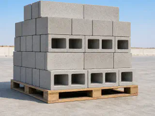 Stacked concrete masonry blocks on pallets at the UAE factory