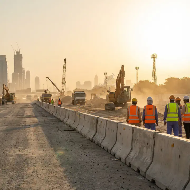 Concrete road barrier installation on a UAE highway work zone