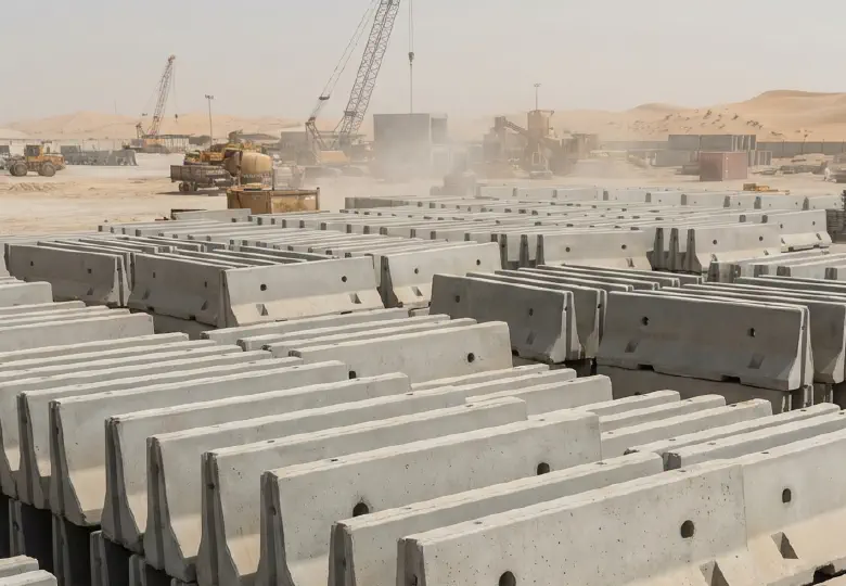 Stockpile of precast concrete barriers at a PreCast UAE production yard