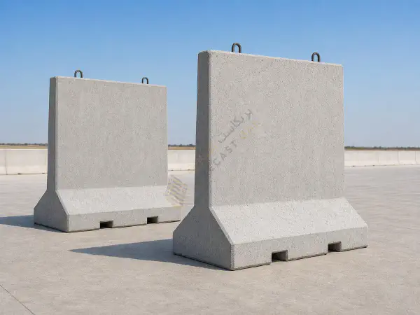 Two precast T-wall units staged for delivery