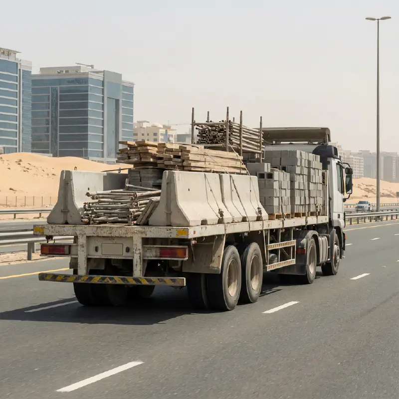 Mixed precast concrete load on a flatbed truck for site delivery