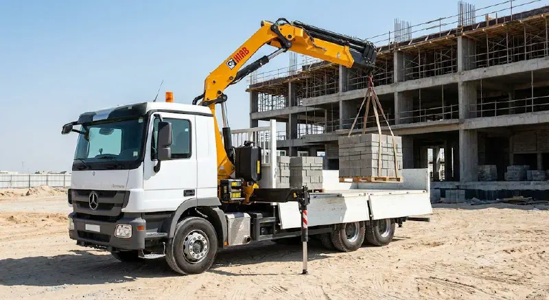 Crane-equipped truck relocating precast barriers on a UAE site